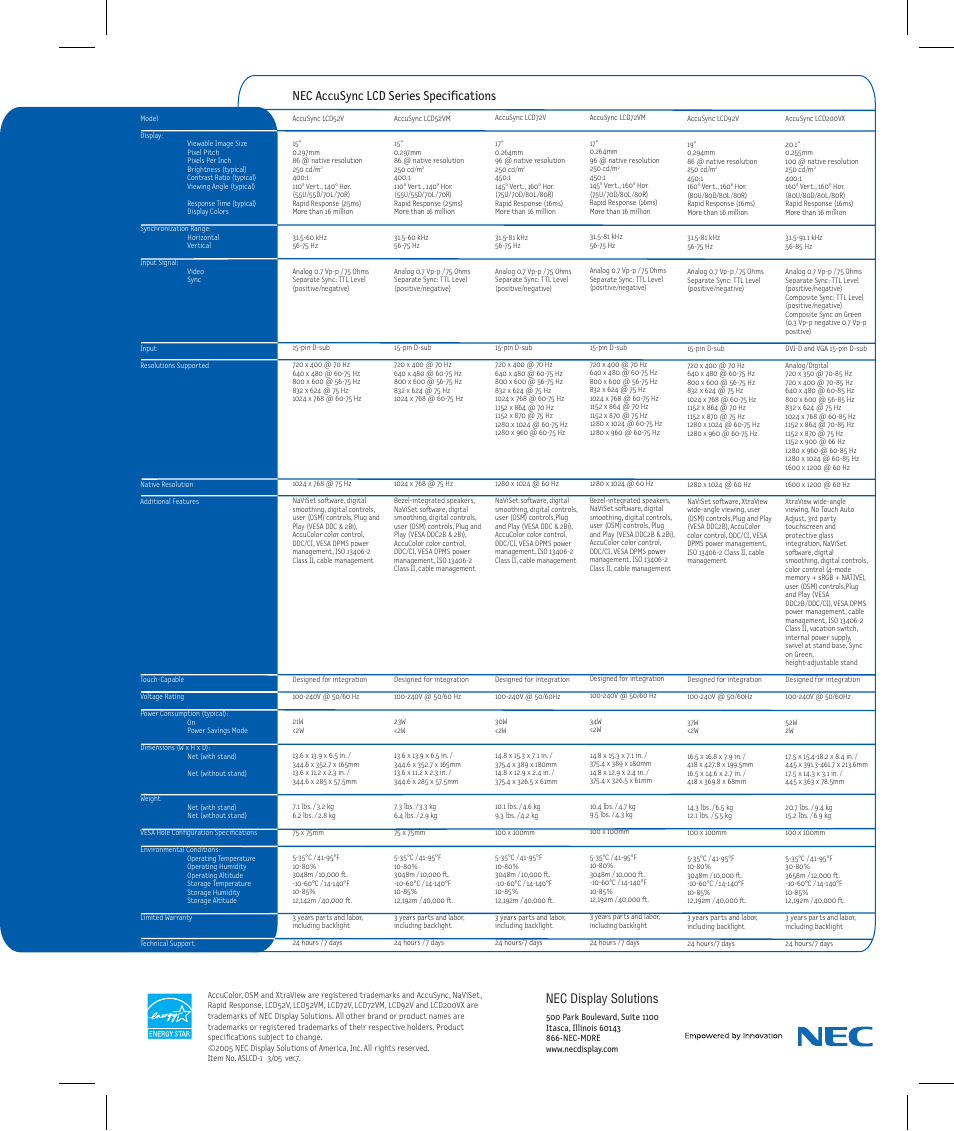 Nec accusync lcd series specifications, Nec display solutions | NEC AccuSync LCD92V User Manual | Page 2 / 2