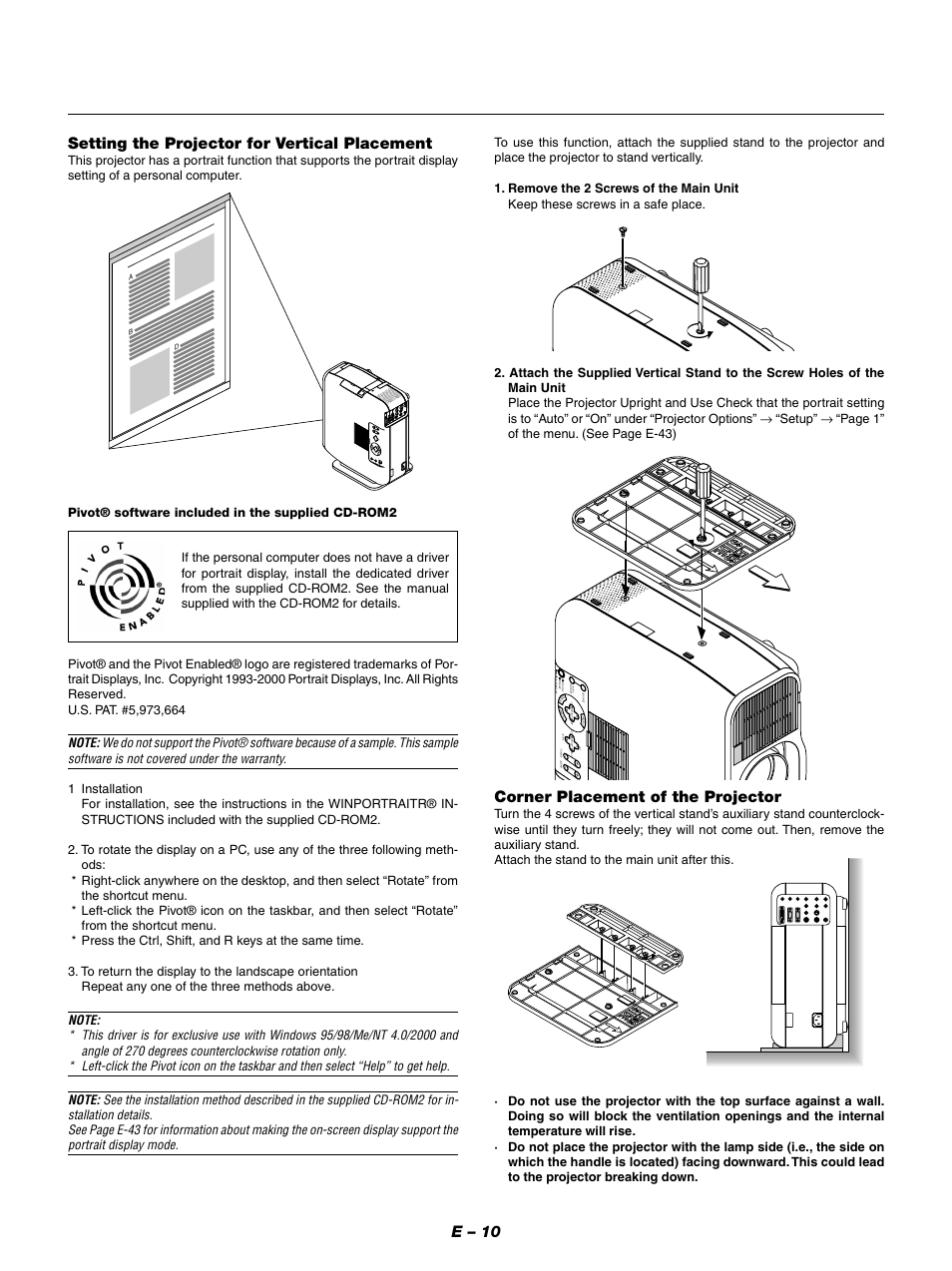E – 10, Setting the projector for vertical placement, Corner placement of the projector | Nc e l | NEC GT950 User Manual | Page 10 / 66