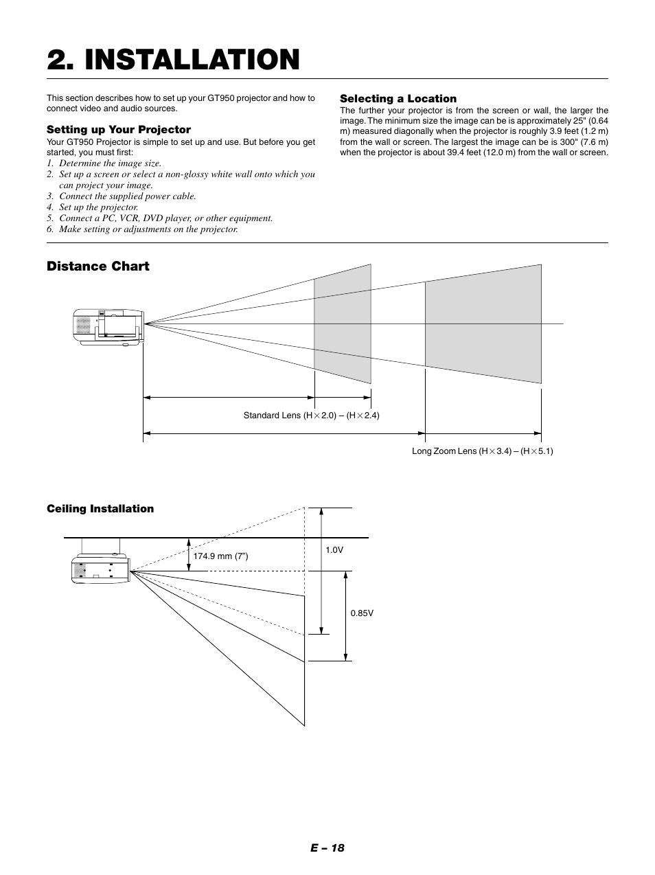Installation, Distance chart | NEC GT950 User Manual | Page 18 / 66