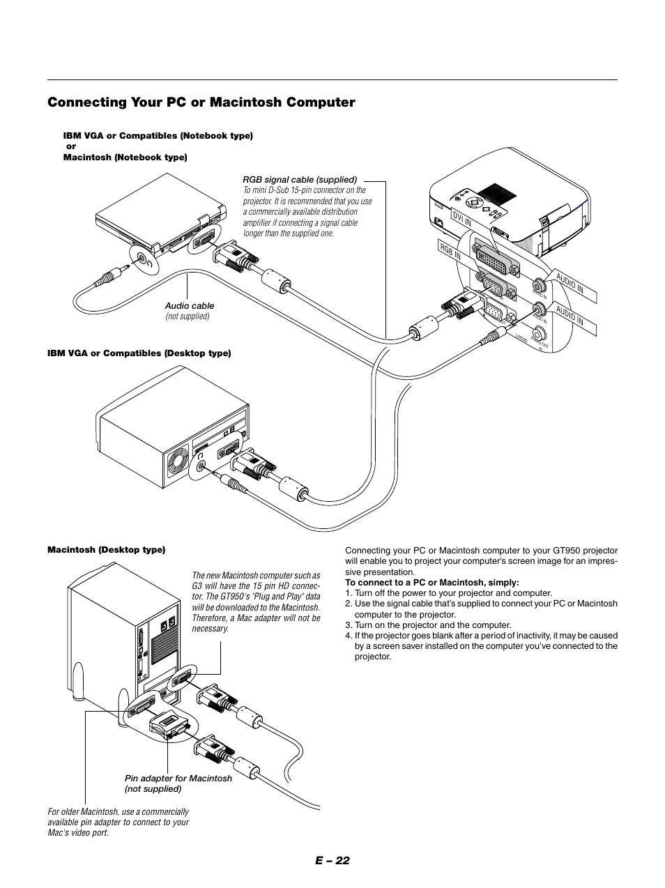 Connecting your pc or macintosh computer, E – 22 | NEC GT950 User Manual | Page 22 / 66