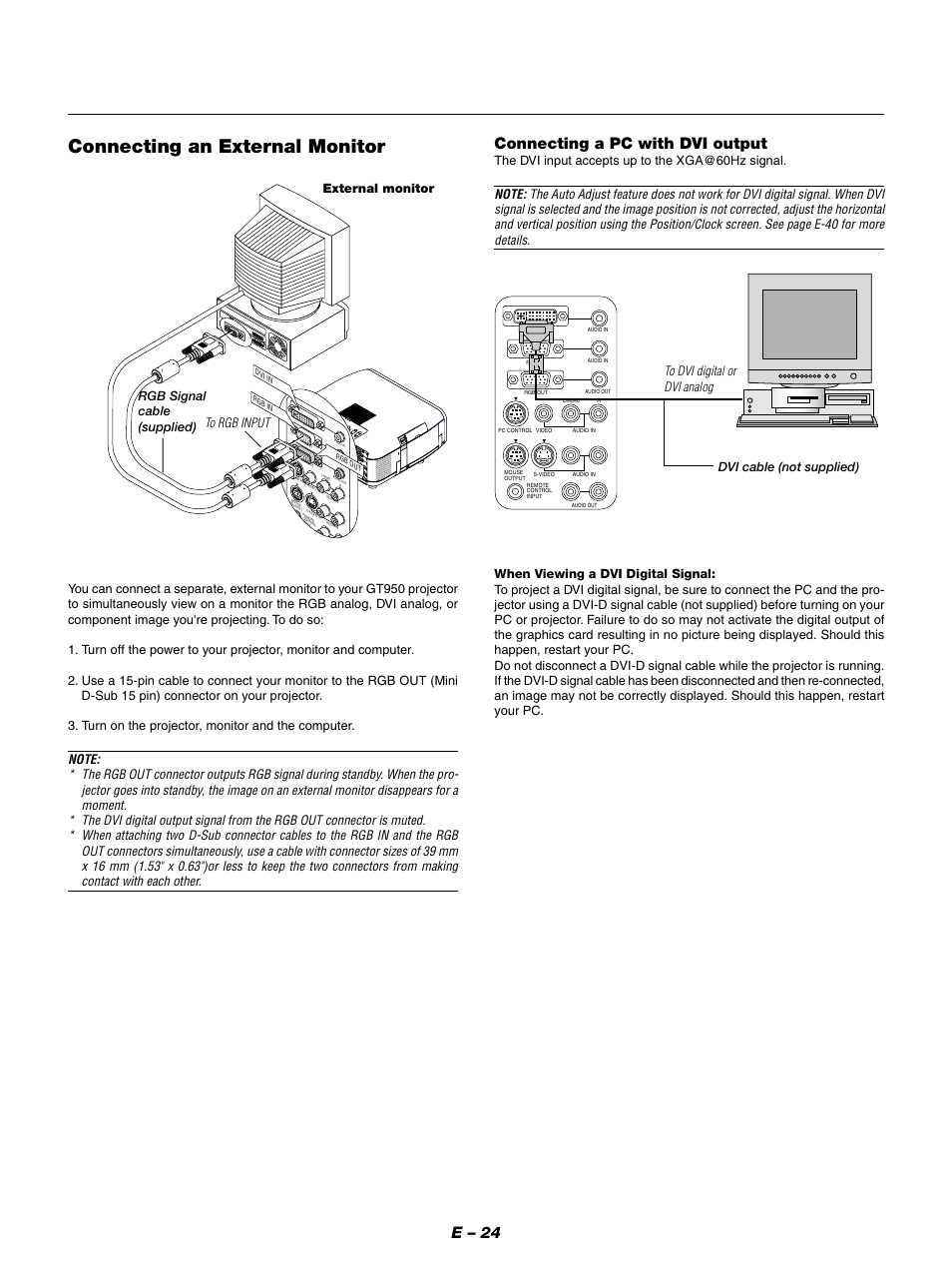 Connecting an external monitor, E – 24, Connecting a pc with dvi output | External monitor rgb signal cable (supplied), The dvi input accepts up to the xga@60hz signal, Dvi cable (not supplied) | NEC GT950 User Manual | Page 24 / 66