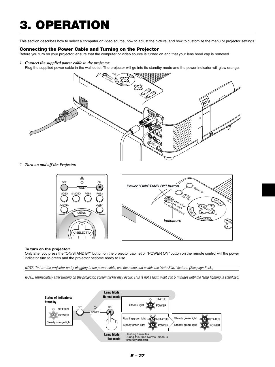 Operation, E – 27, Connect the supplied power cable to the projector | Turn on and off the projector, Indicators, Power "on/stand by" button, Status of indicators: stand by, Lamp mode: normal mode lamp mode: eco mode | NEC GT950 User Manual | Page 27 / 66