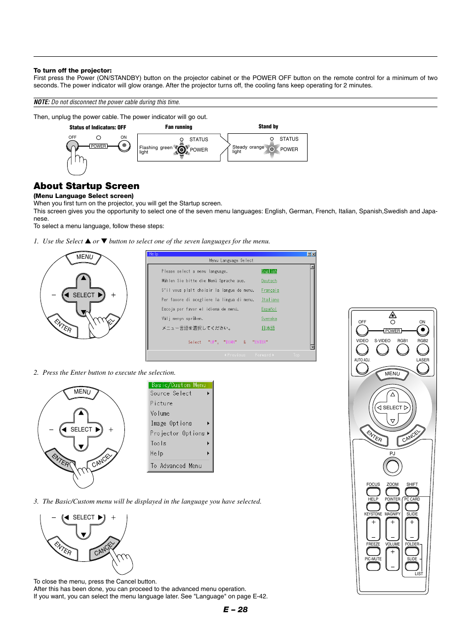 About startup screen, E – 28, Press the enter button to execute the selection | NEC GT950 User Manual | Page 28 / 66