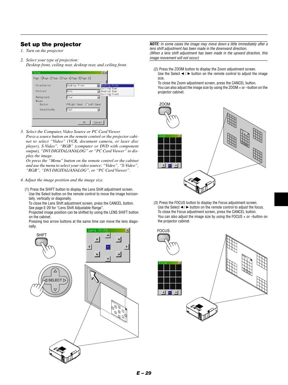 Set up the projector, E – 29 | NEC GT950 User Manual | Page 29 / 66