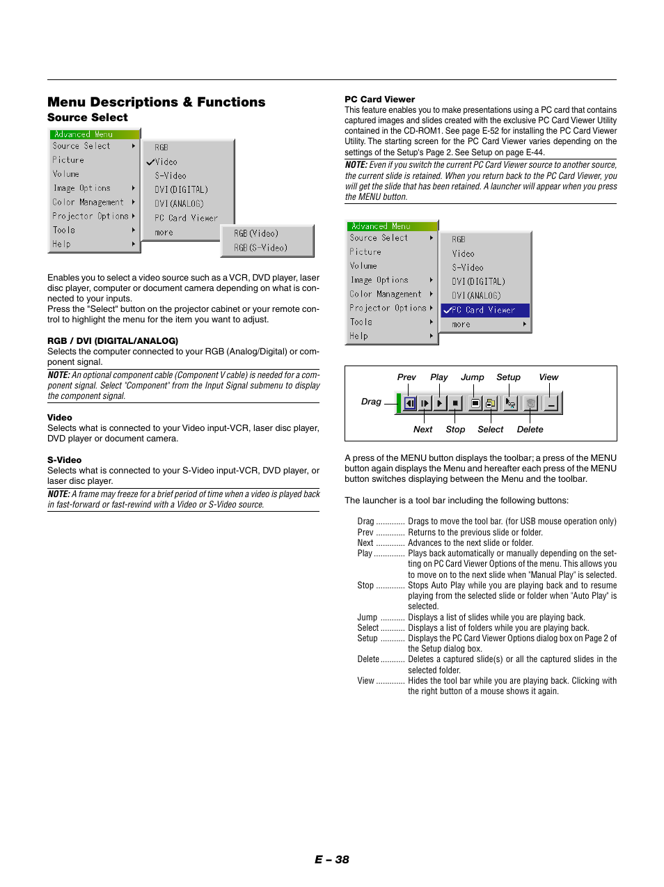 Menu descriptions & functions, E – 38, Source select | NEC GT950 User Manual | Page 38 / 66