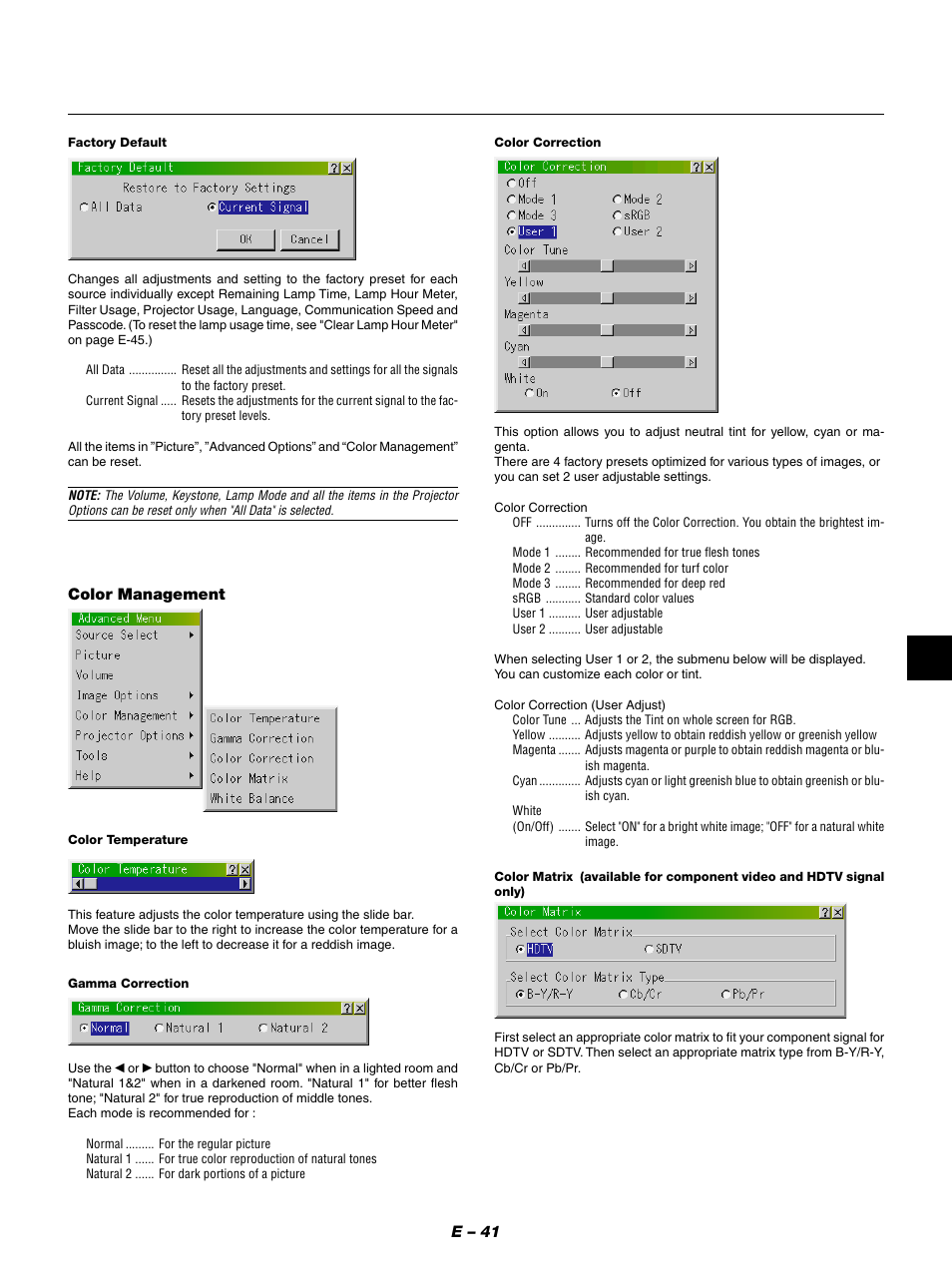 E – 41, Color management | NEC GT950 User Manual | Page 41 / 66
