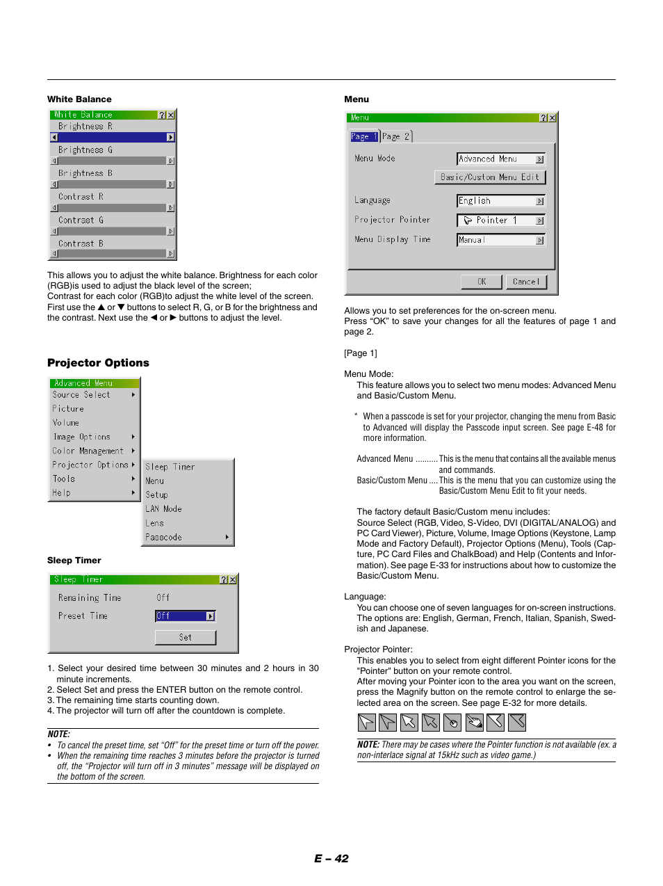 E – 42, Projector options | NEC GT950 User Manual | Page 42 / 66