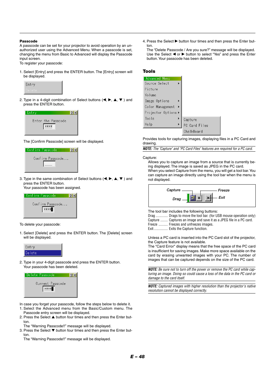 E – 48, Tools | NEC GT950 User Manual | Page 48 / 66