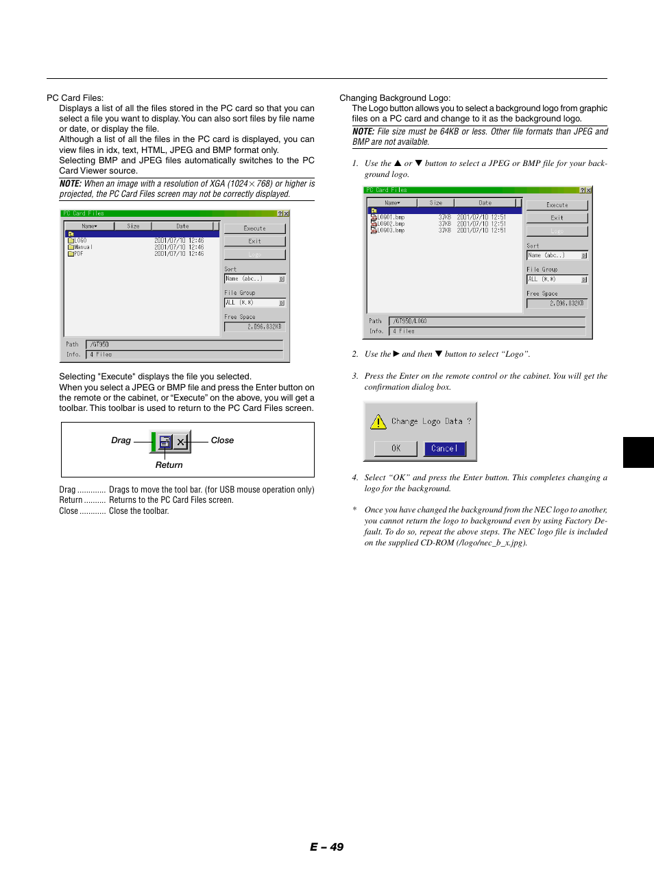 E – 49 | NEC GT950 User Manual | Page 49 / 66