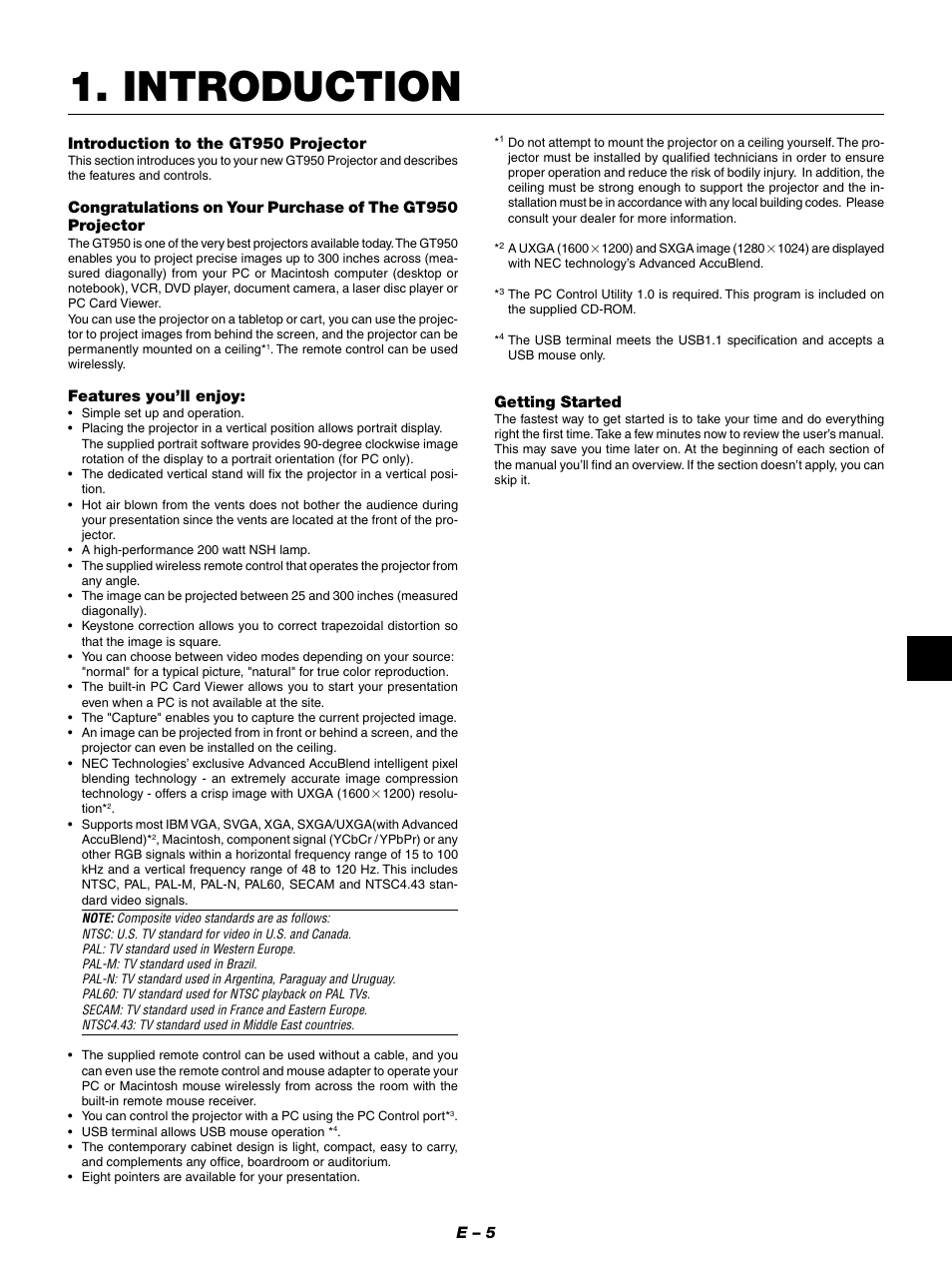 Introduction, E – 5, Introduction to the gt950 projector | Features you’ll enjoy, Getting started | NEC GT950 User Manual | Page 5 / 66