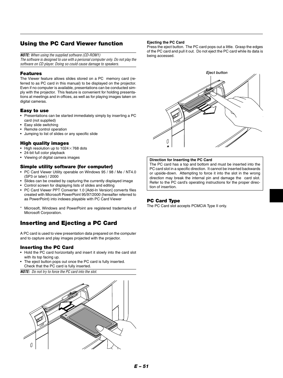 Using the pc card viewer function, Inserting and ejecting a pc card | NEC GT950 User Manual | Page 51 / 66