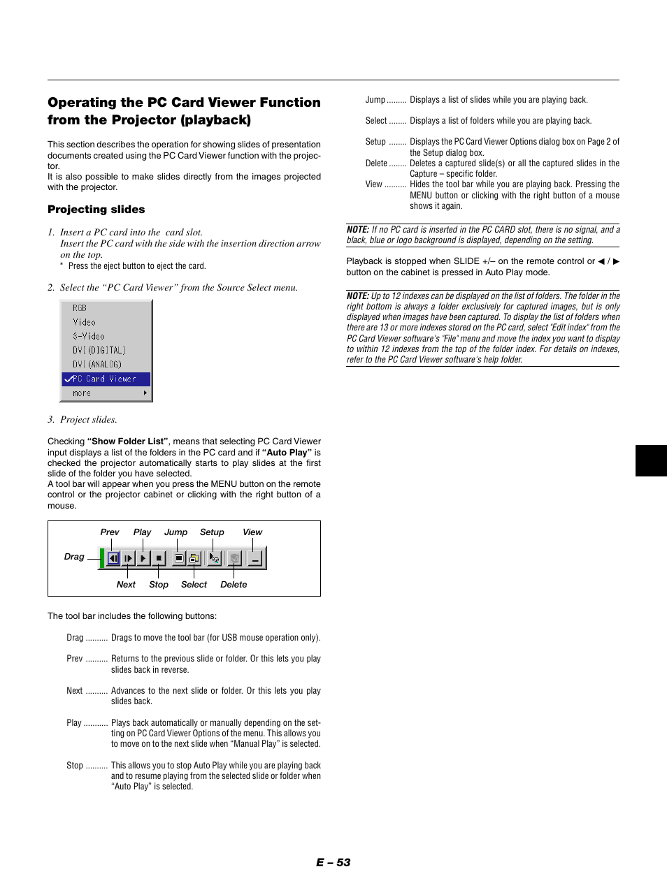 E – 53, Projecting slides | NEC GT950 User Manual | Page 53 / 66