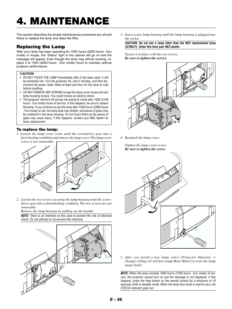 Maintenance, Replacing the lamp | NEC GT950 User Manual | Page 58 / 66