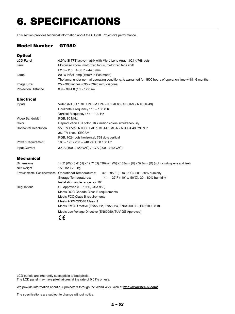 Specifications, Model number gt950 | NEC GT950 User Manual | Page 62 / 66