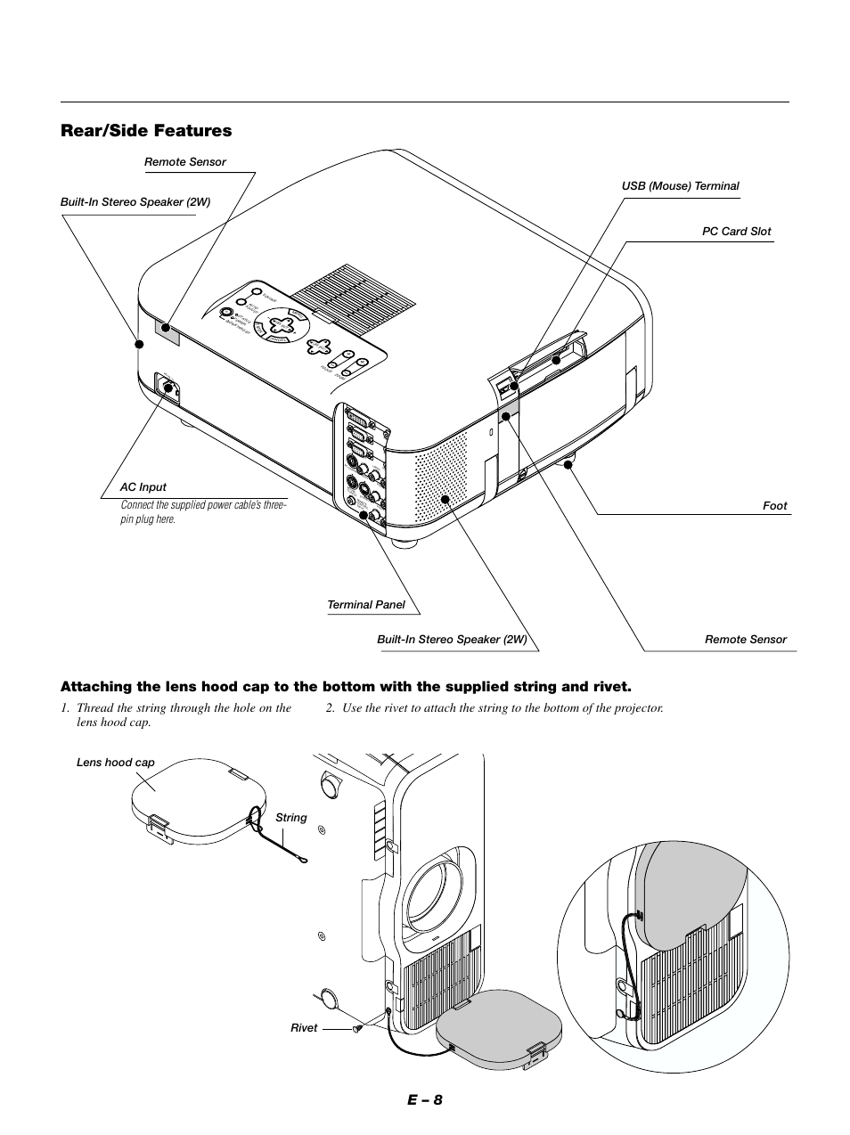 Rear/side features, E – 8, Ac input | String rivet lens hood cap | NEC GT950 User Manual | Page 8 / 66