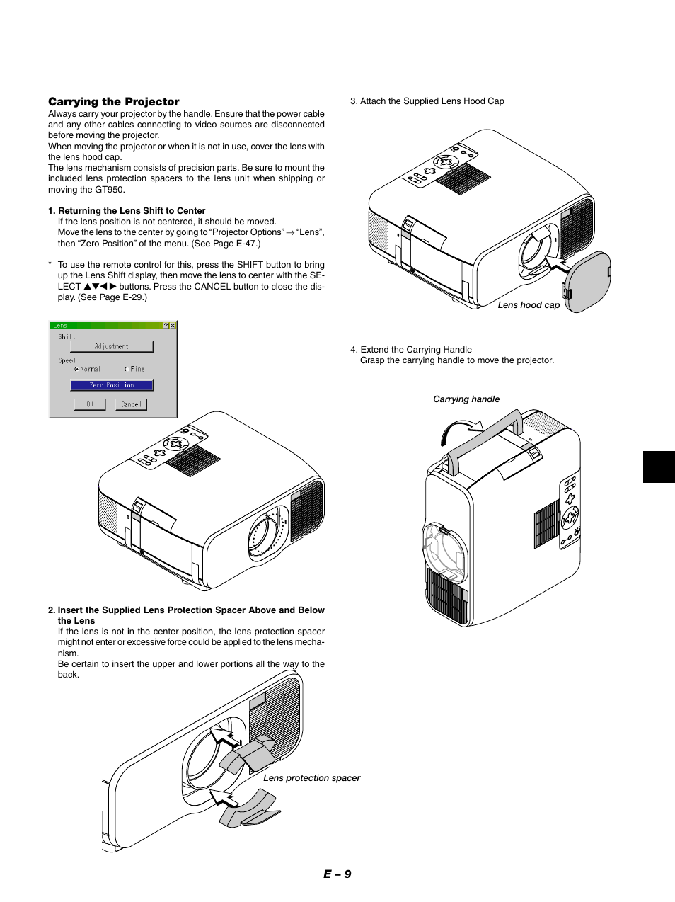 E – 9, Carrying the projector | NEC GT950 User Manual | Page 9 / 66