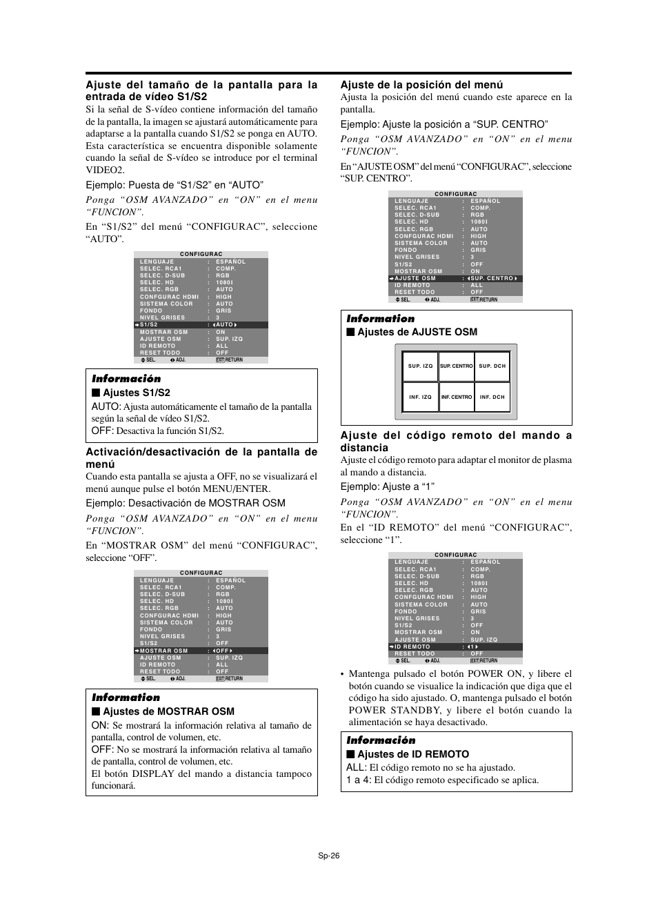 Ajuste de la posición del menú, Activación/desactivación de la pantalla de menú, Ajuste del código remoto del mando a distancia | Information Ⅵ ajustes de ajuste osm | NEC split screen Model User Manual | Page 100 / 148