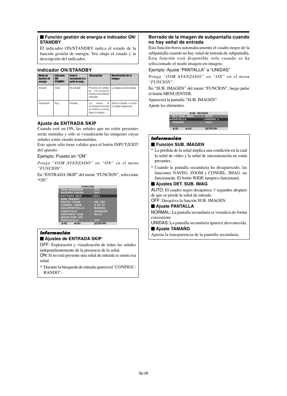 Indicador on/standby, Ajuste de entrada skip | NEC split screen Model User Manual | Page 102 / 148