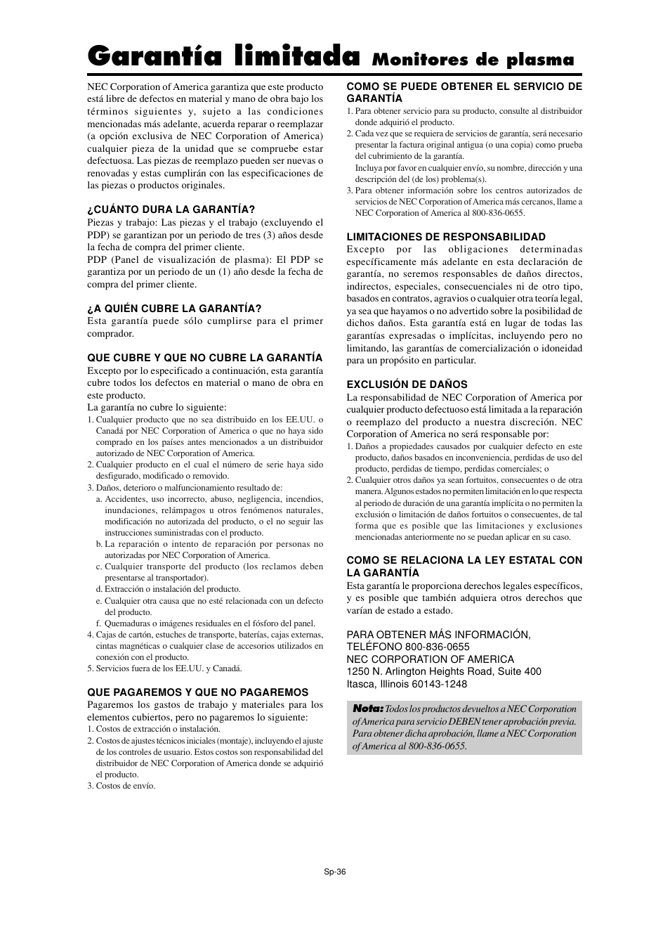 Garantía limitada, Monitores de plasma | NEC split screen Model User Manual | Page 110 / 148