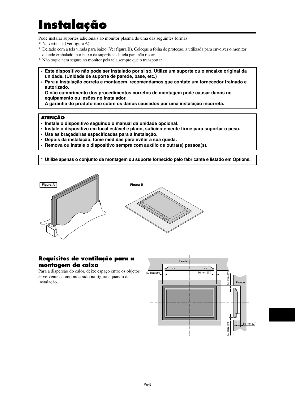 Instalação, Requisitos de ventilação para a montagem da caixa | NEC split screen Model User Manual | Page 115 / 148