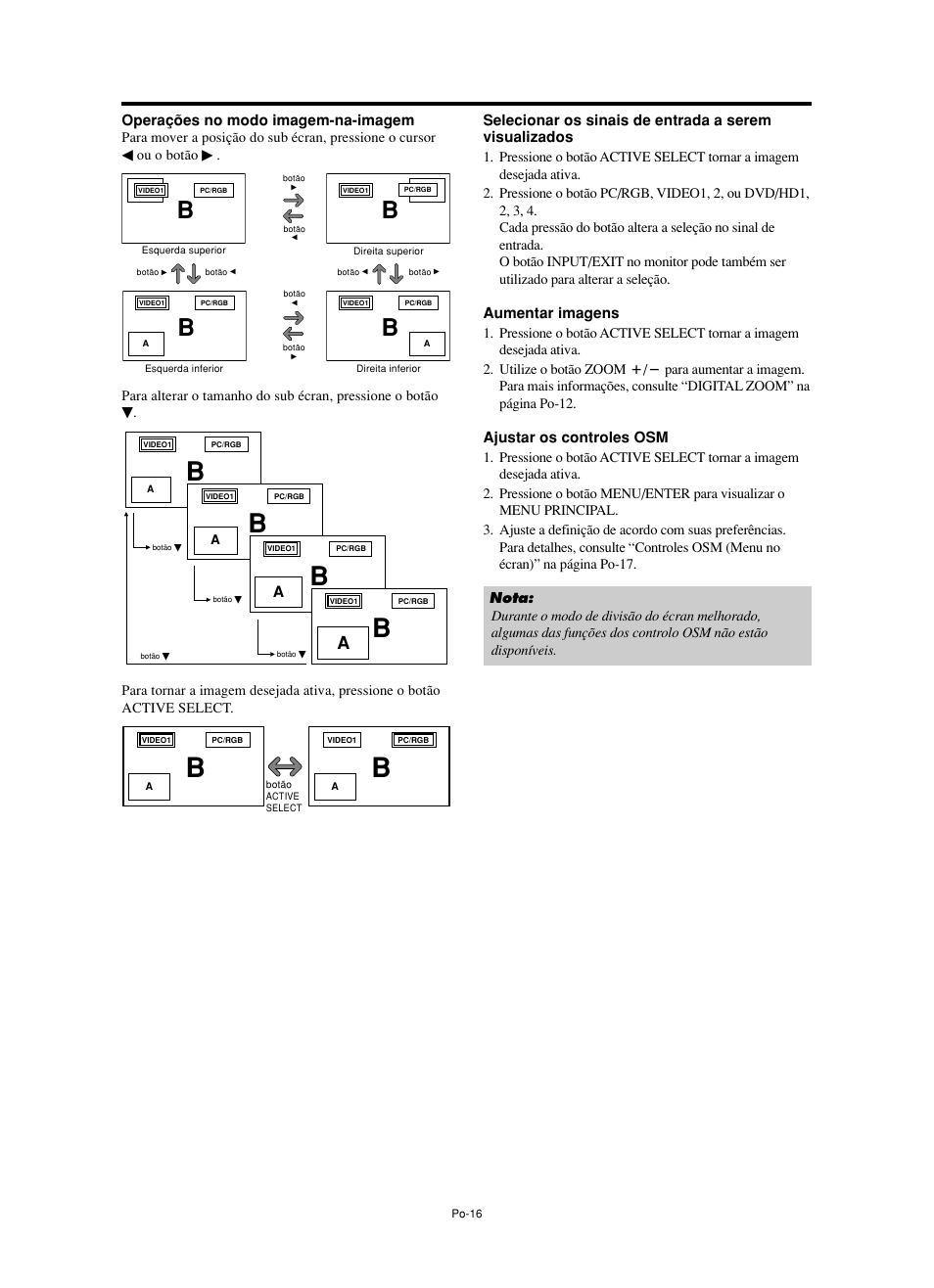 Operações no modo imagem-na-imagem, Aumentar imagens, Ajustar os controles osm | NEC split screen Model User Manual | Page 126 / 148