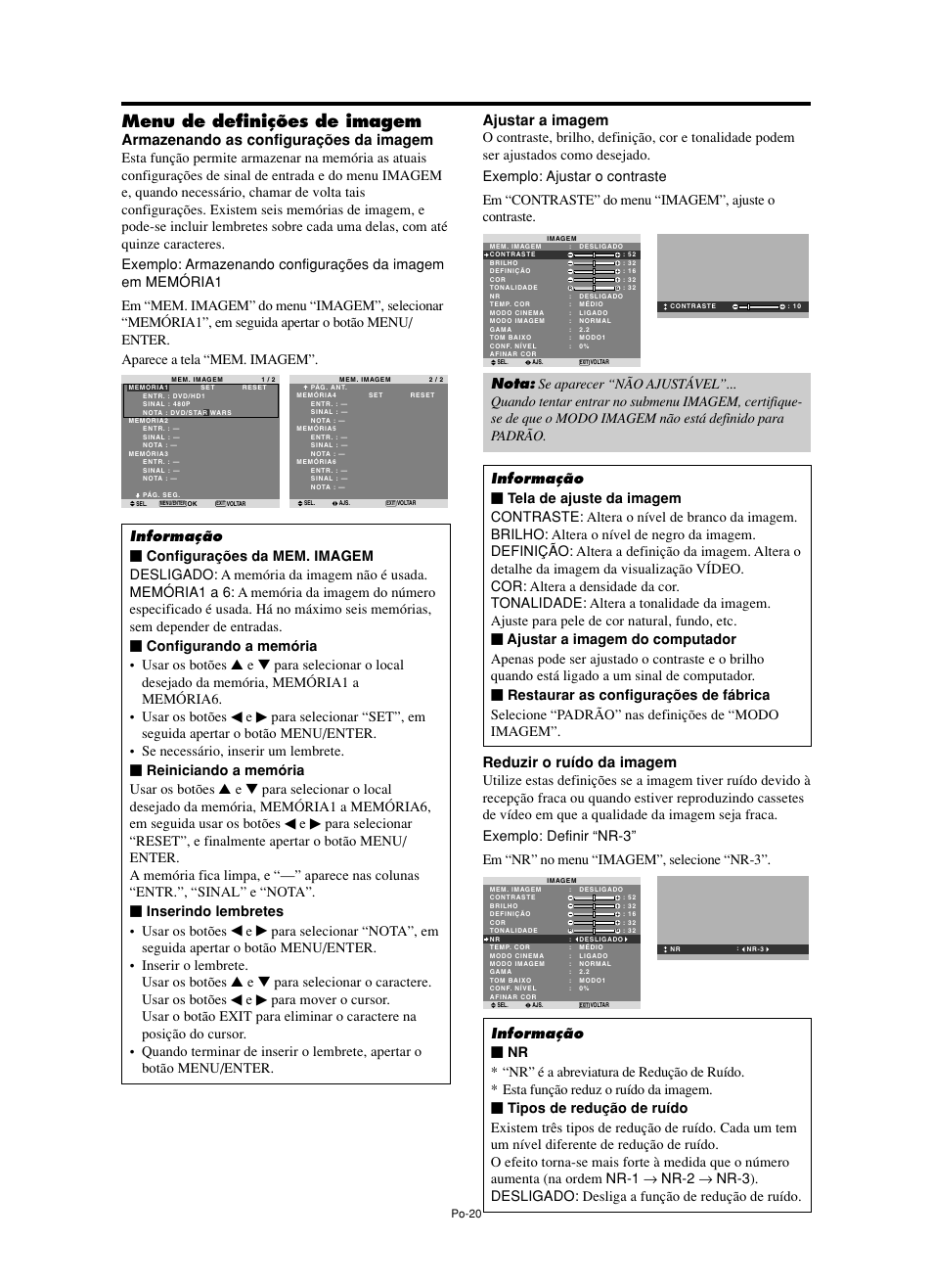 Menu de definições de imagem, Armazenando as configurações da imagem, Ajustar a imagem | Reduzir o ruído da imagem | NEC split screen Model User Manual | Page 130 / 148