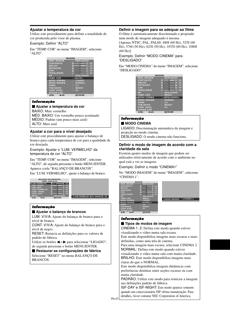 Ajustar a temperatura da cor, Ajustar a cor para o nível desejado, Definir a imagem para se adequar ao filme | NEC split screen Model User Manual | Page 131 / 148