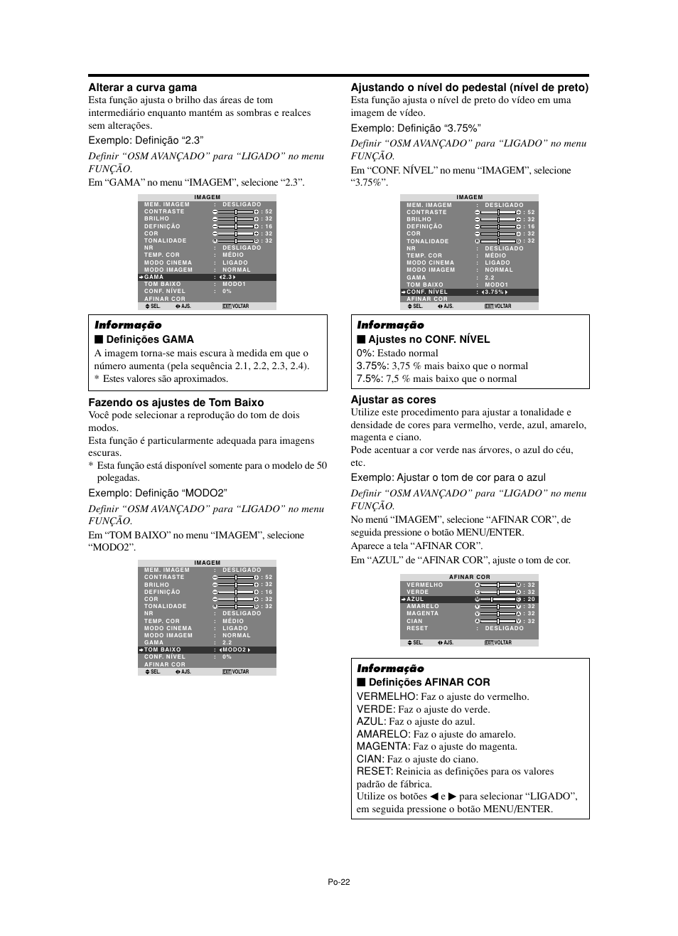 Alterar a curva gama, Ajustando o nível do pedestal (nível de preto), Ajustar as cores | Fazendo os ajustes de tom baixo | NEC split screen Model User Manual | Page 132 / 148