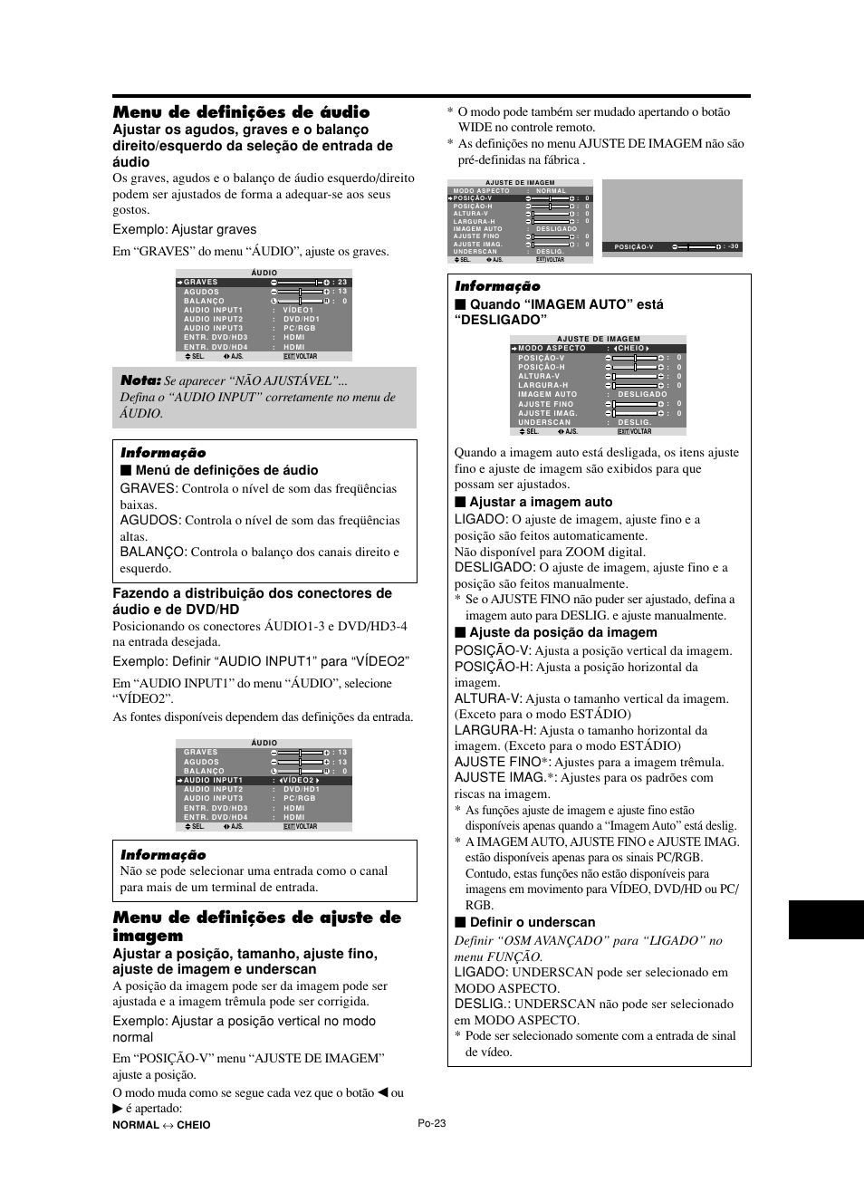 Menu de definições de áudio, Menu de definições de ajuste de imagem, É apertado | Informação Ⅵ quando “imagem auto” está “desligado | NEC split screen Model User Manual | Page 133 / 148