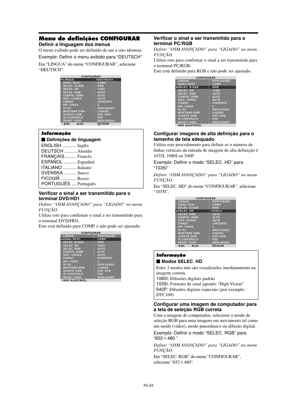 Menu de definições configurar, Definir a linguagem dos menus | NEC split screen Model User Manual | Page 134 / 148