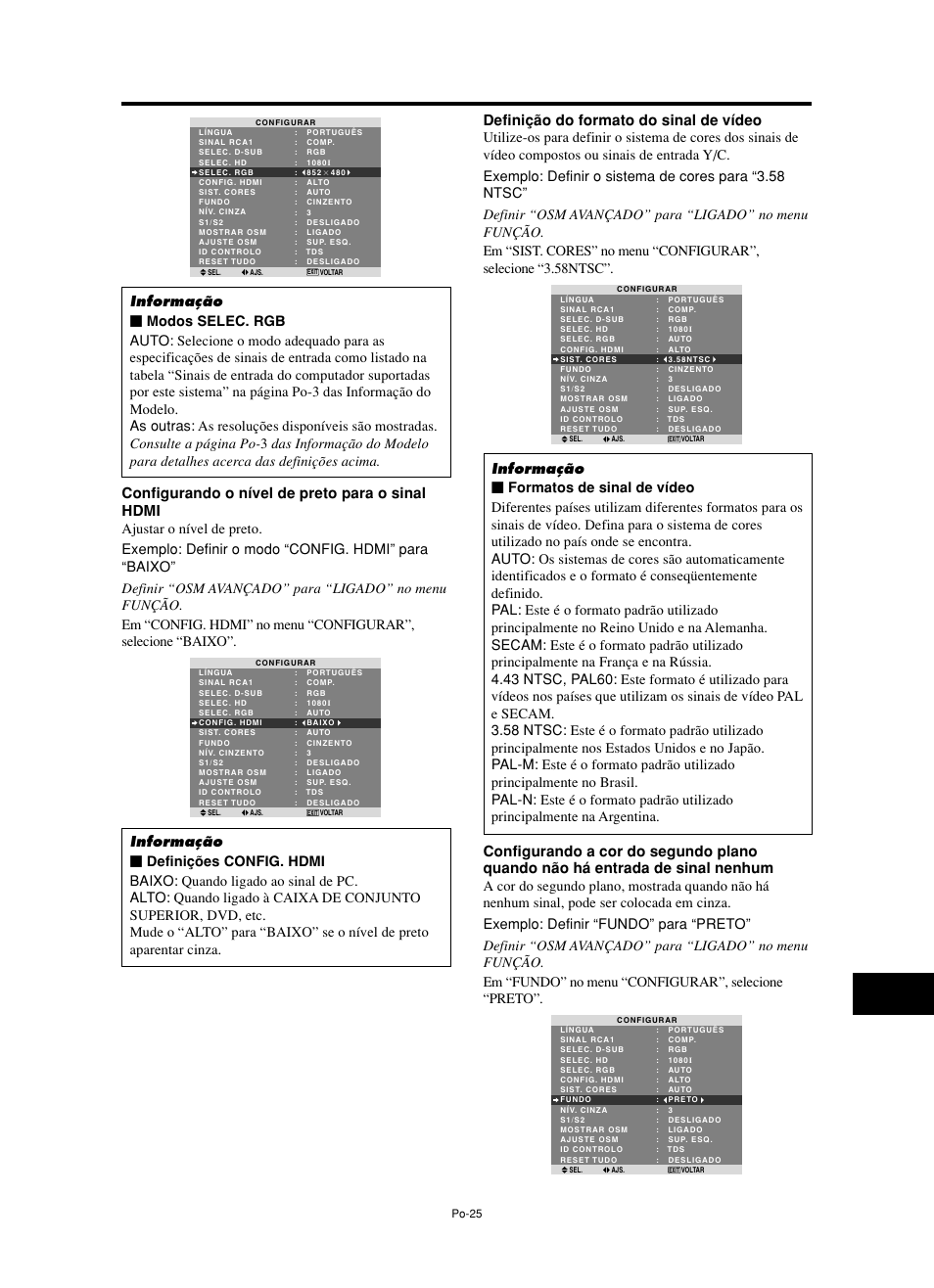 Configurando o nível de preto para o sinal hdmi, Definição do formato do sinal de vídeo | NEC split screen Model User Manual | Page 135 / 148