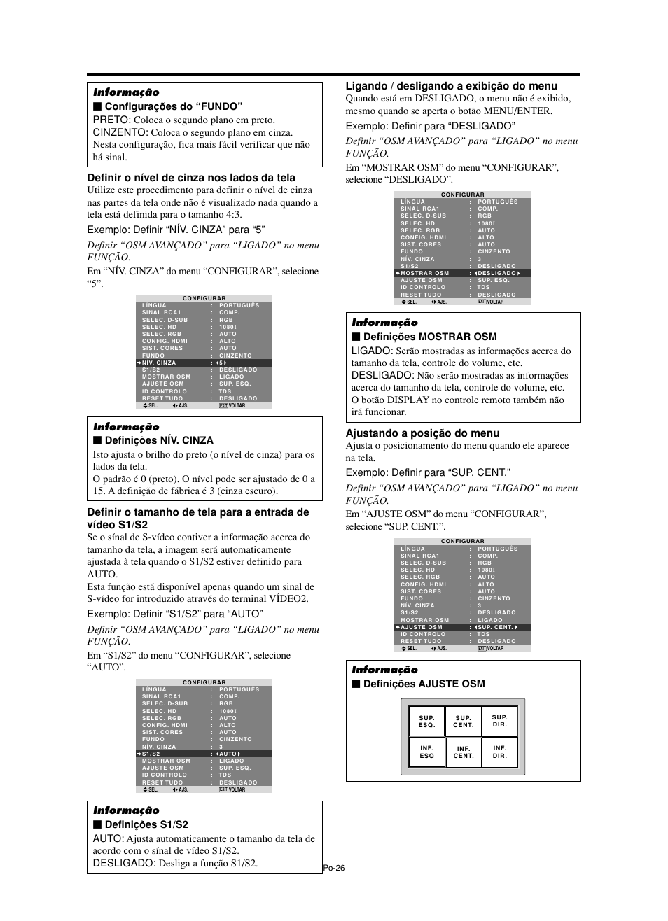 Definir o nível de cinza nos lados da tela, Ligando / desligando a exibição do menu, Ajustando a posição do menu | Informação Ⅵ definições ajuste osm | NEC split screen Model User Manual | Page 136 / 148