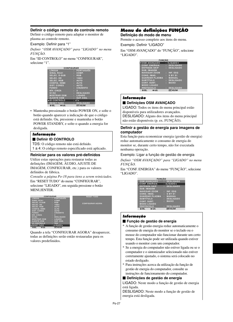 Menu de definições função, Definir o código remoto do controle remoto, Reiniciar para os valores pré-definidos | Definição do modo de menu | NEC split screen Model User Manual | Page 137 / 148