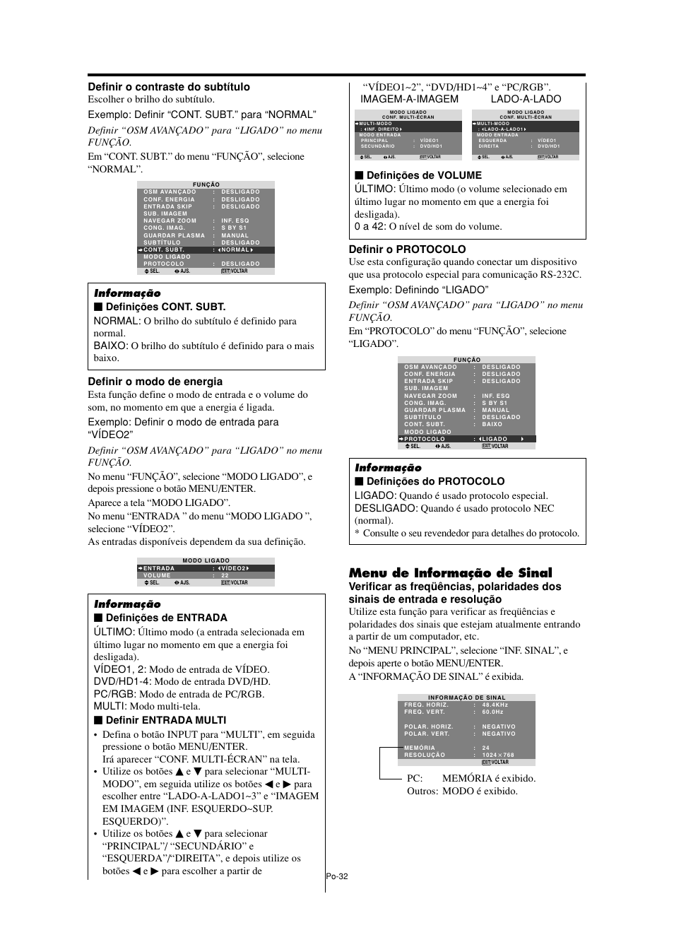 Menu de informação de sinal, Definir o contraste do subtítulo, Definir o modo de energia | Definir o protocolo, Pc: memória é exibido. outros: modo é exibido, Para escolher a partir de | NEC split screen Model User Manual | Page 142 / 148