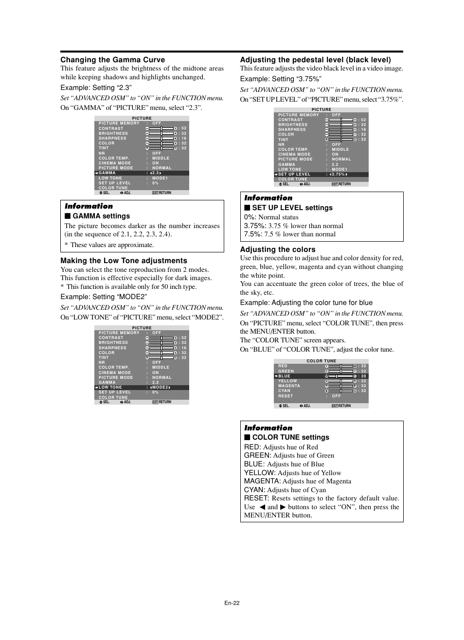 Adjusting the colors, Adjusting the pedestal level (black level), Changing the gamma curve | Making the low tone adjustments | NEC split screen Model User Manual | Page 24 / 148