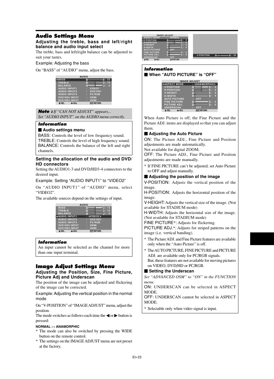 Audio settings menu, Image adjust settings menu, Button is pressed | Information Ⅵ when “auto picture” is “off | NEC split screen Model User Manual | Page 25 / 148