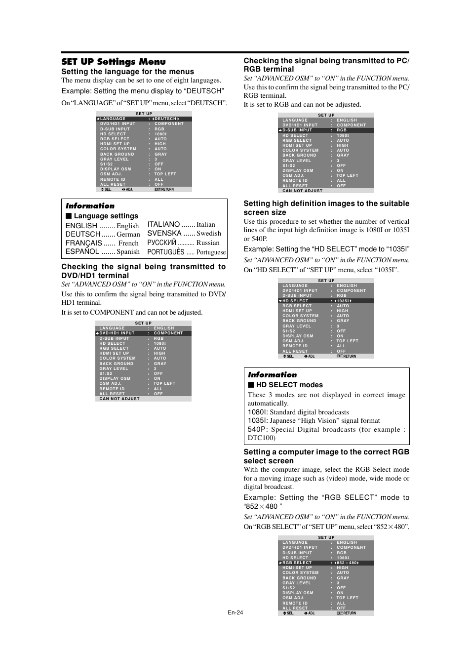 Set up settings menu, Setting the language for the menus | NEC split screen Model User Manual | Page 26 / 148