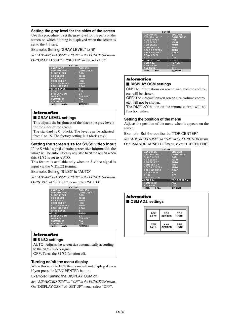 Setting the screen size for s1/s2 video input, Setting the gray level for the sides of the screen, Turning on/off the menu display | Setting the position of the menu, Information Ⅵ osm adj. settings | NEC split screen Model User Manual | Page 28 / 148