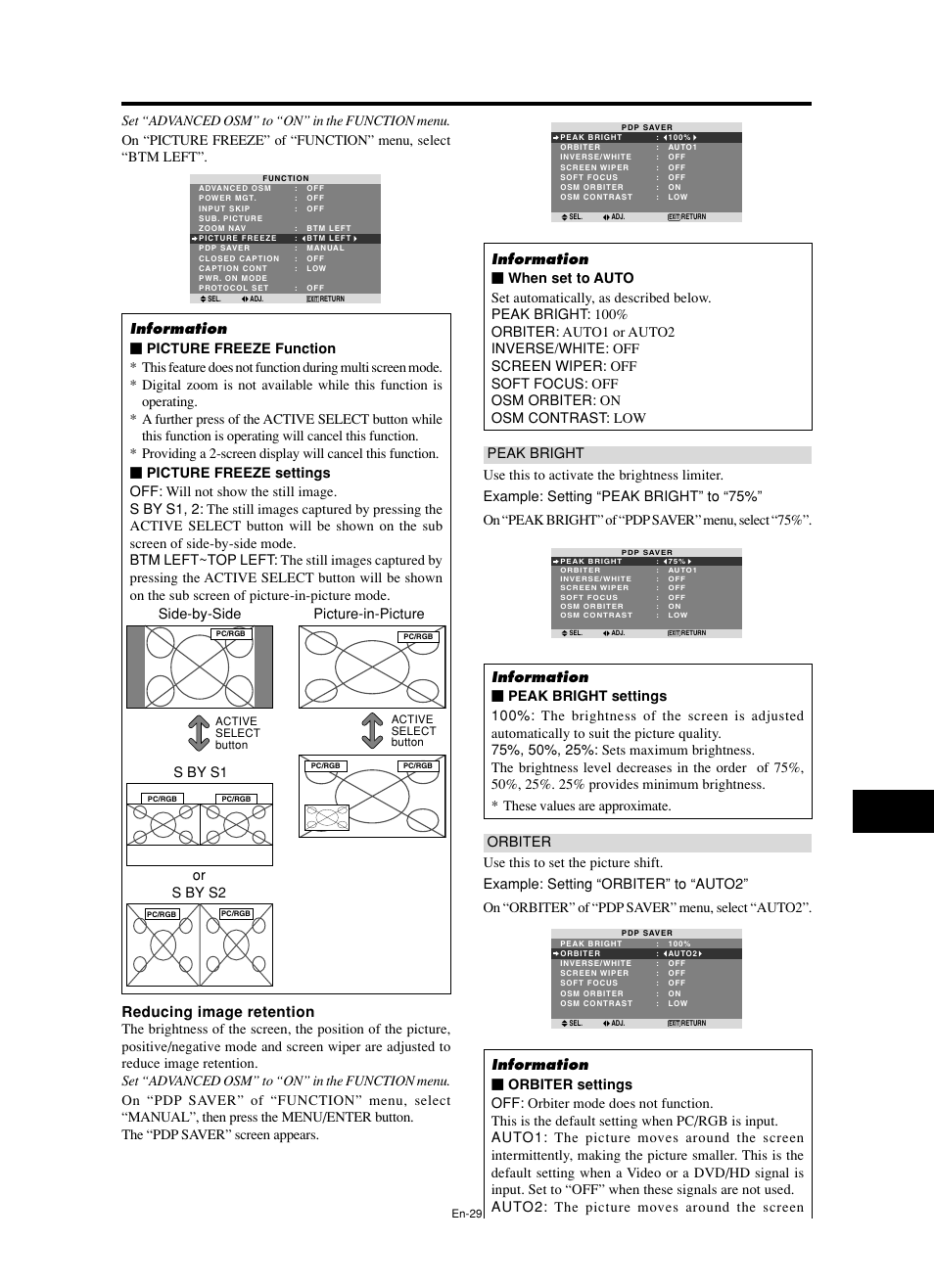 Reducing image retention, Side-by-side picture-in-picture, S by s1 | NEC split screen Model User Manual | Page 31 / 148