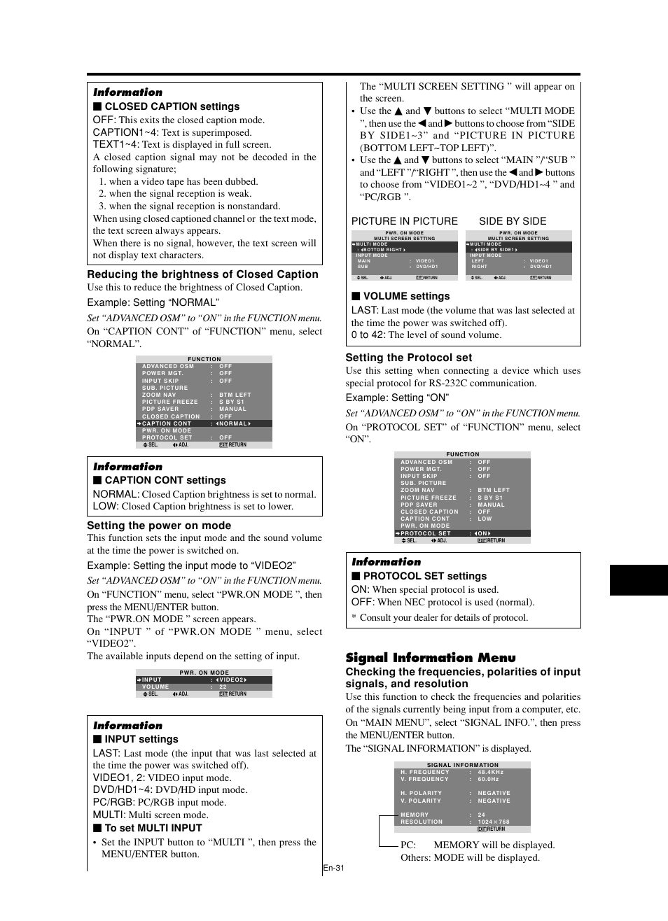 Signal information menu, Reducing the brightness of closed caption, Setting the power on mode | Setting the protocol set, Buttons to select “multi mode ”, then use the | NEC split screen Model User Manual | Page 33 / 148