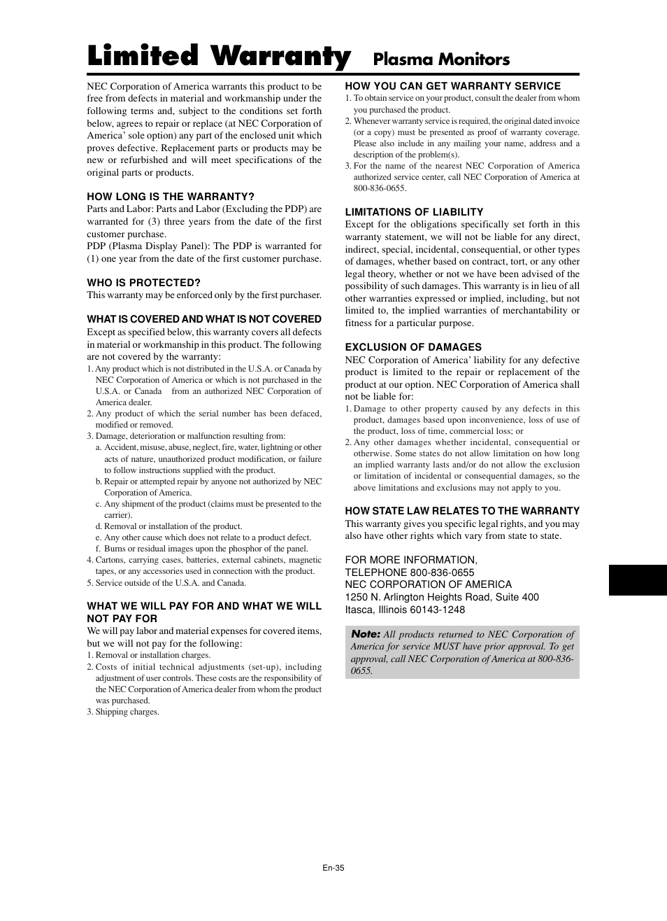 Limited warranty, Plasma monitors | NEC split screen Model User Manual | Page 37 / 148