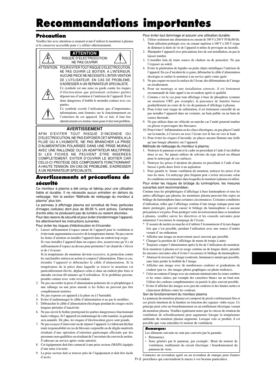 Recommandations importantes, Précaution, Avertissements et précautions de sécurité | NEC split screen Model User Manual | Page 41 / 148