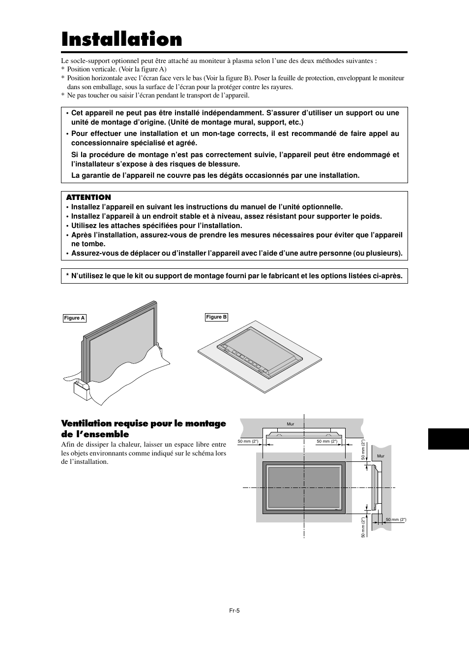 Installation, Ventilation requise pour le montage de l’ensemble | NEC split screen Model User Manual | Page 43 / 148