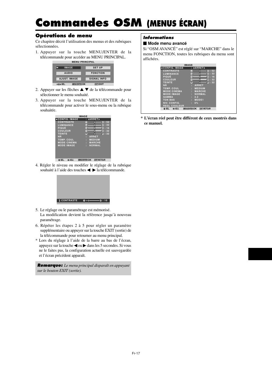 Commandes osm, Menus écran), Opérations de menu | NEC split screen Model User Manual | Page 55 / 148