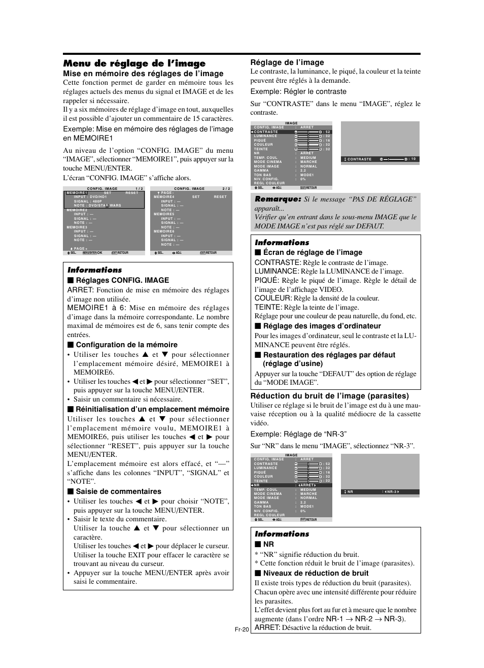 Menu de réglage de l’image, Réglage de l’image, Mise en mémoire des réglages de l’image | Réduction du bruit de l’image (parasites) | NEC split screen Model User Manual | Page 58 / 148