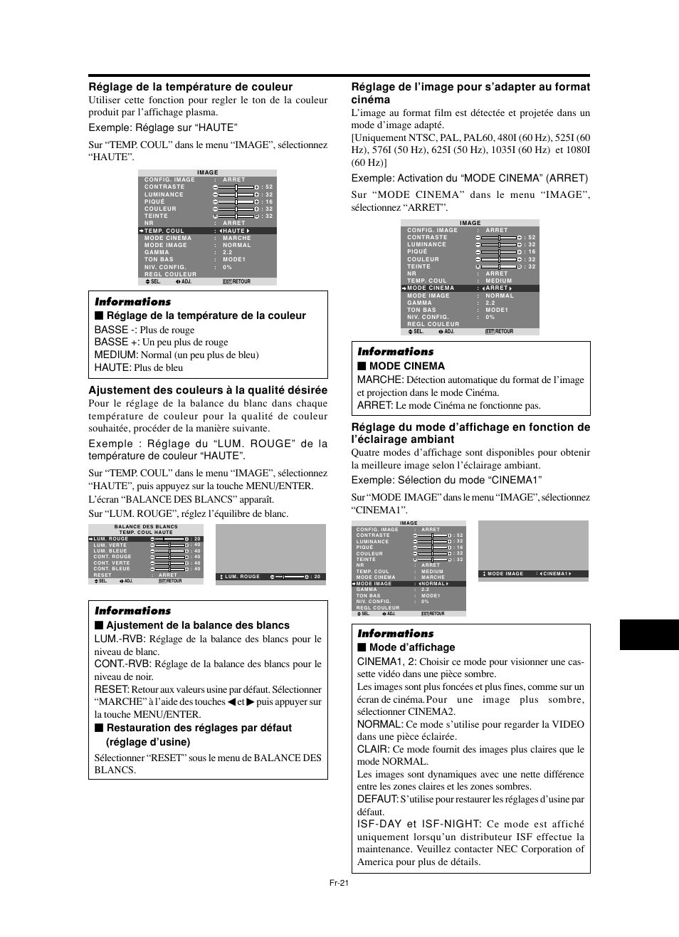 Réglage de la température de couleur, Ajustement des couleurs à la qualité désirée, Réglage de l’image pour s’adapter au format cinéma | NEC split screen Model User Manual | Page 59 / 148