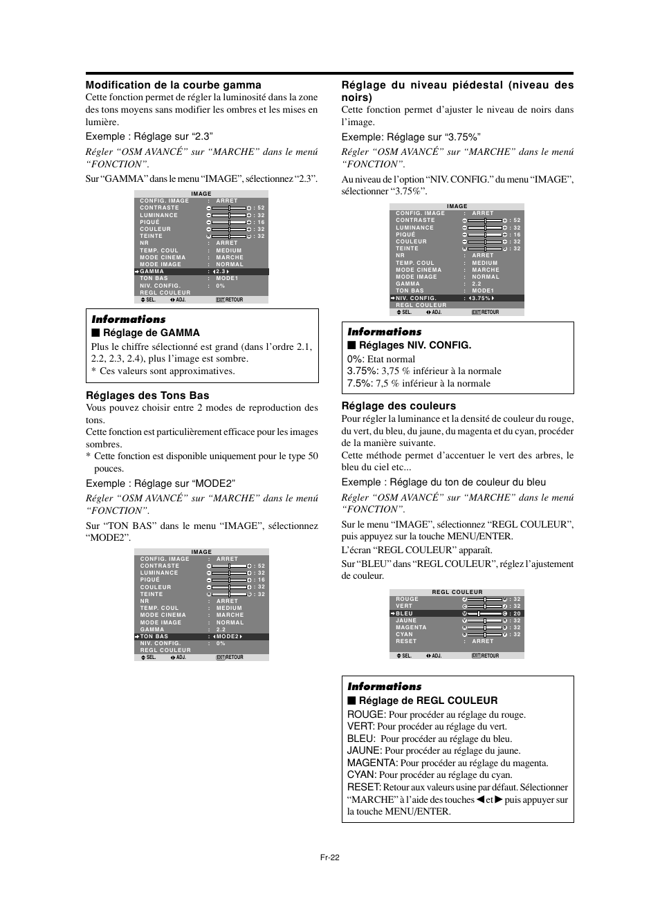 Réglage des couleurs, Réglage du niveau piédestal (niveau des noirs), Modification de la courbe gamma | Réglages des tons bas, Puis appuyer sur la touche menu/enter | NEC split screen Model User Manual | Page 60 / 148