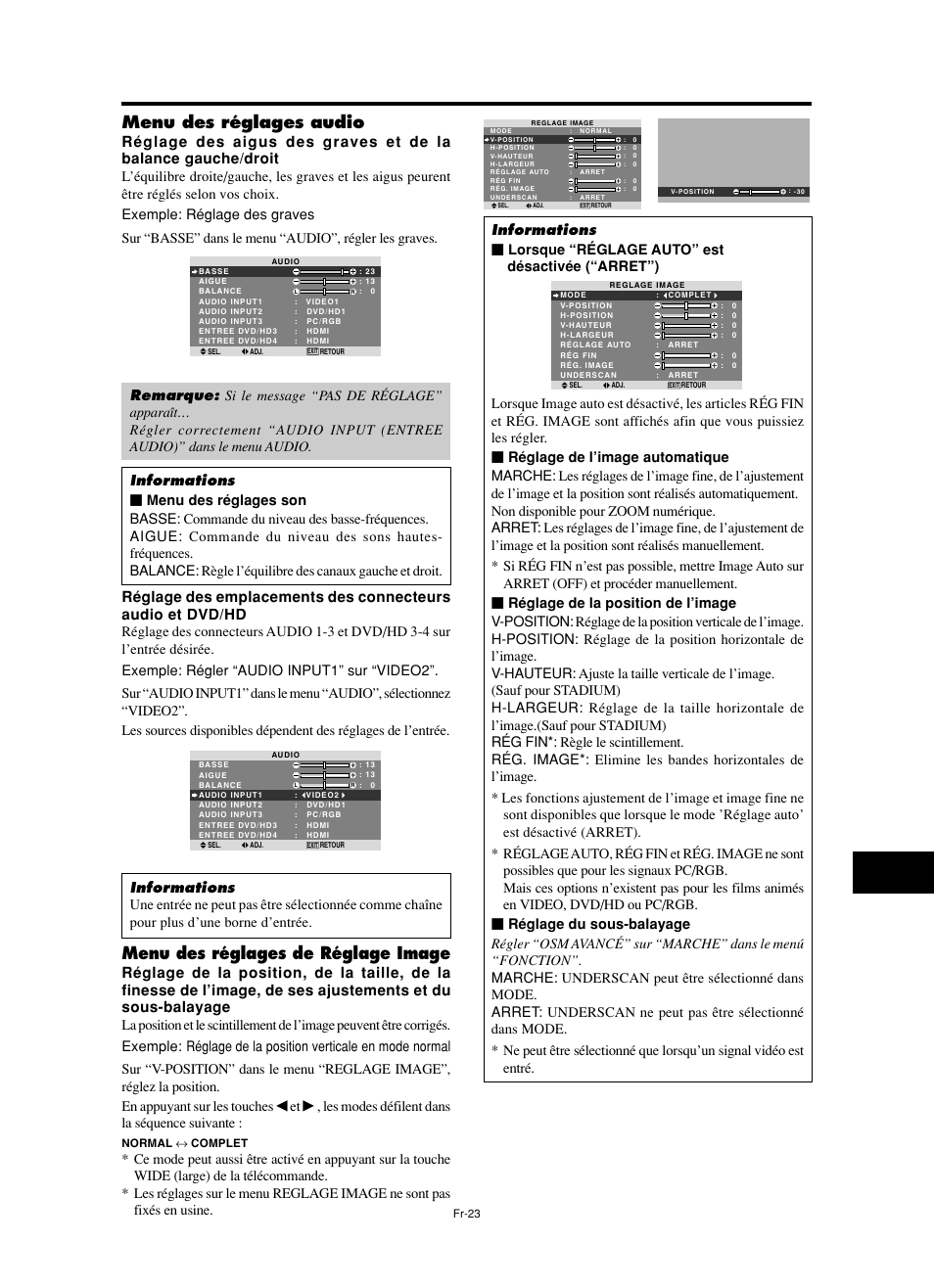 Menu des réglages audio, Menu des réglages de réglage image, Les modes défilent dans la séquence suivante | NEC split screen Model User Manual | Page 61 / 148