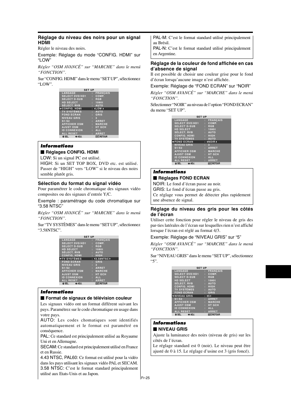 Réglage du niveau des noirs pour un signal hdmi, Sélection du format du signal vidéo | NEC split screen Model User Manual | Page 63 / 148