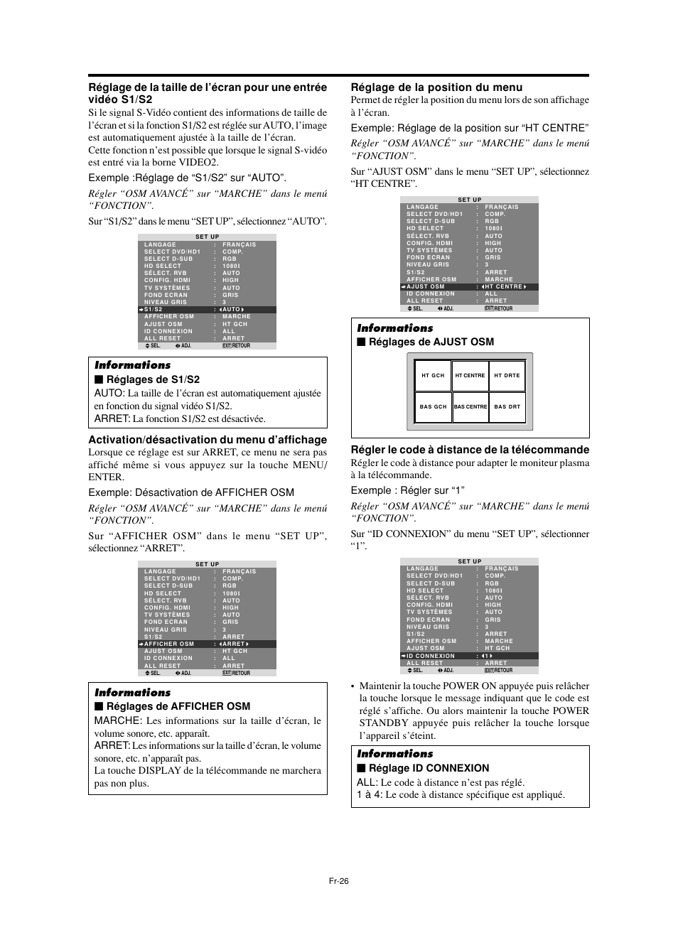 Activation/désactivation du menu d’affichage, Réglage de la position du menu, Régler le code à distance de la télécommande | Informations Ⅵ réglages de ajust osm | NEC split screen Model User Manual | Page 64 / 148